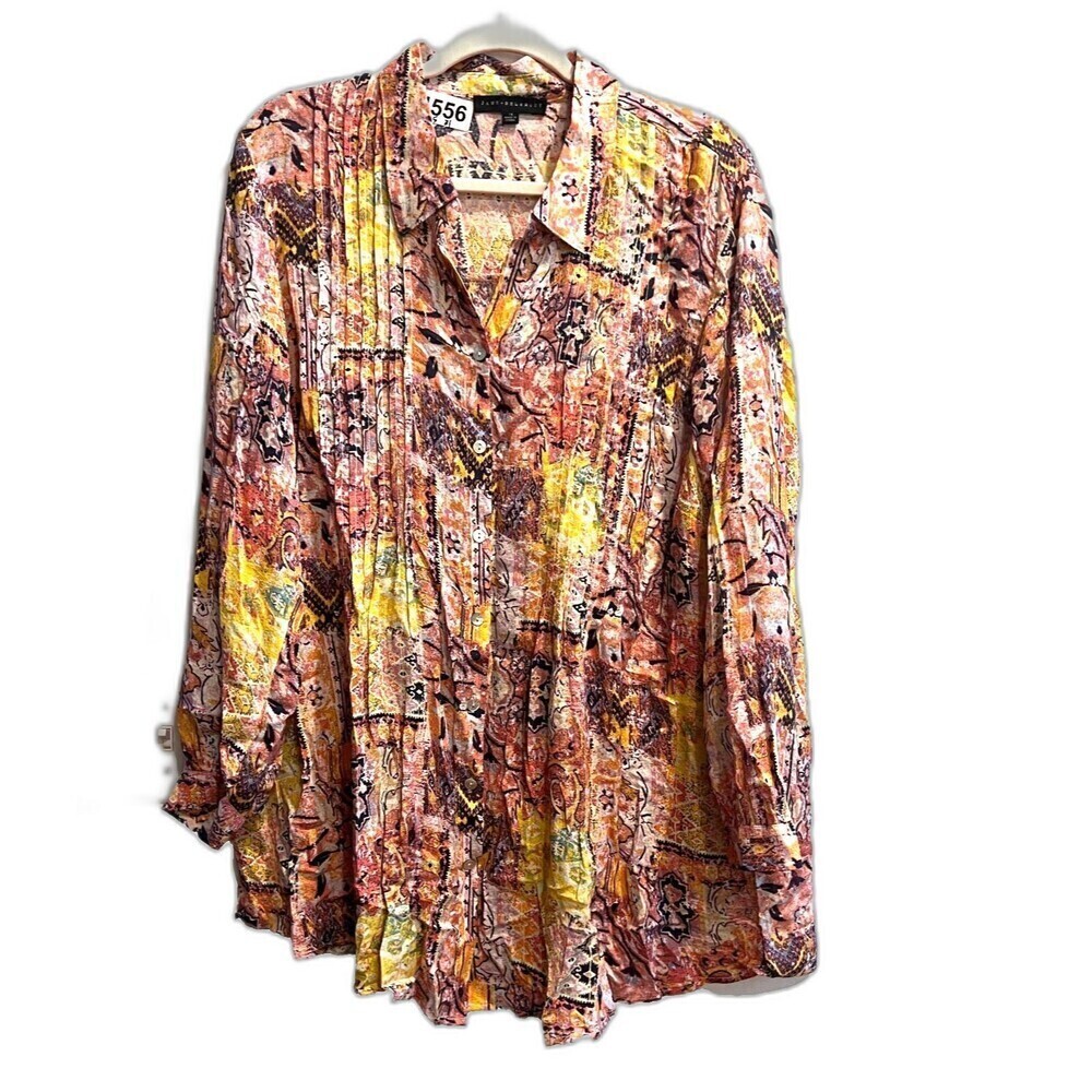 Jane Delancey Womens Multicolor Shirt Top 1X Button Up Rayon Pleated Long Sleeve